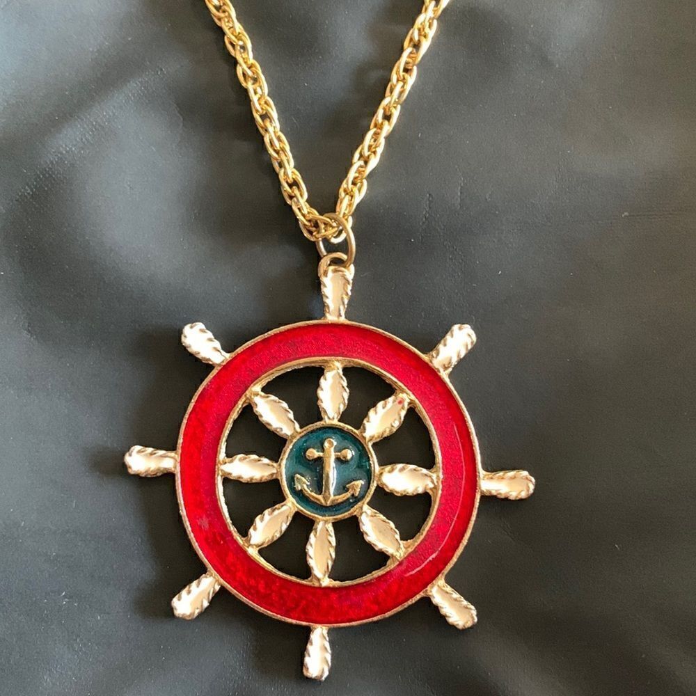 Vintage Chunky Gold Compas White Blue Nautical Costal Necklace‎